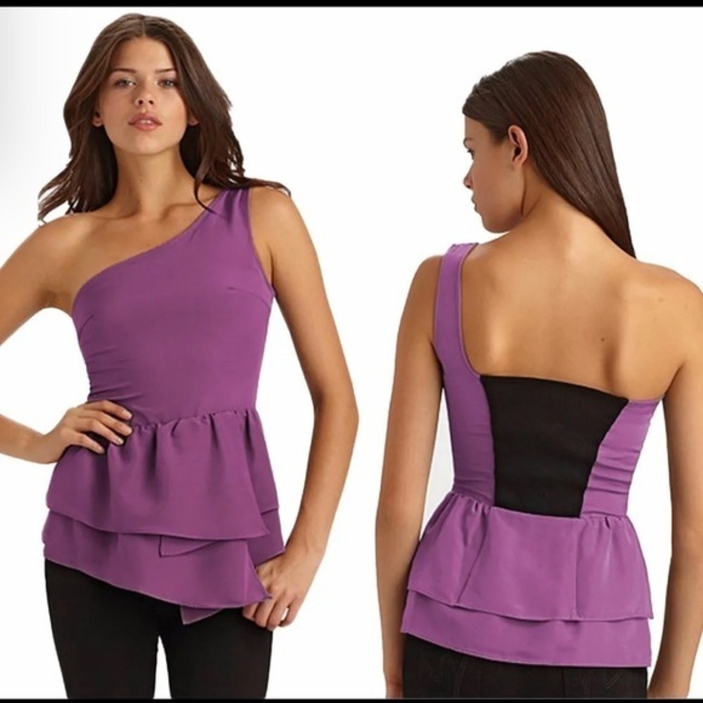 Geren Ford Purple 100% Silk One Shoulder Peplum Top Small Black Contrast Back